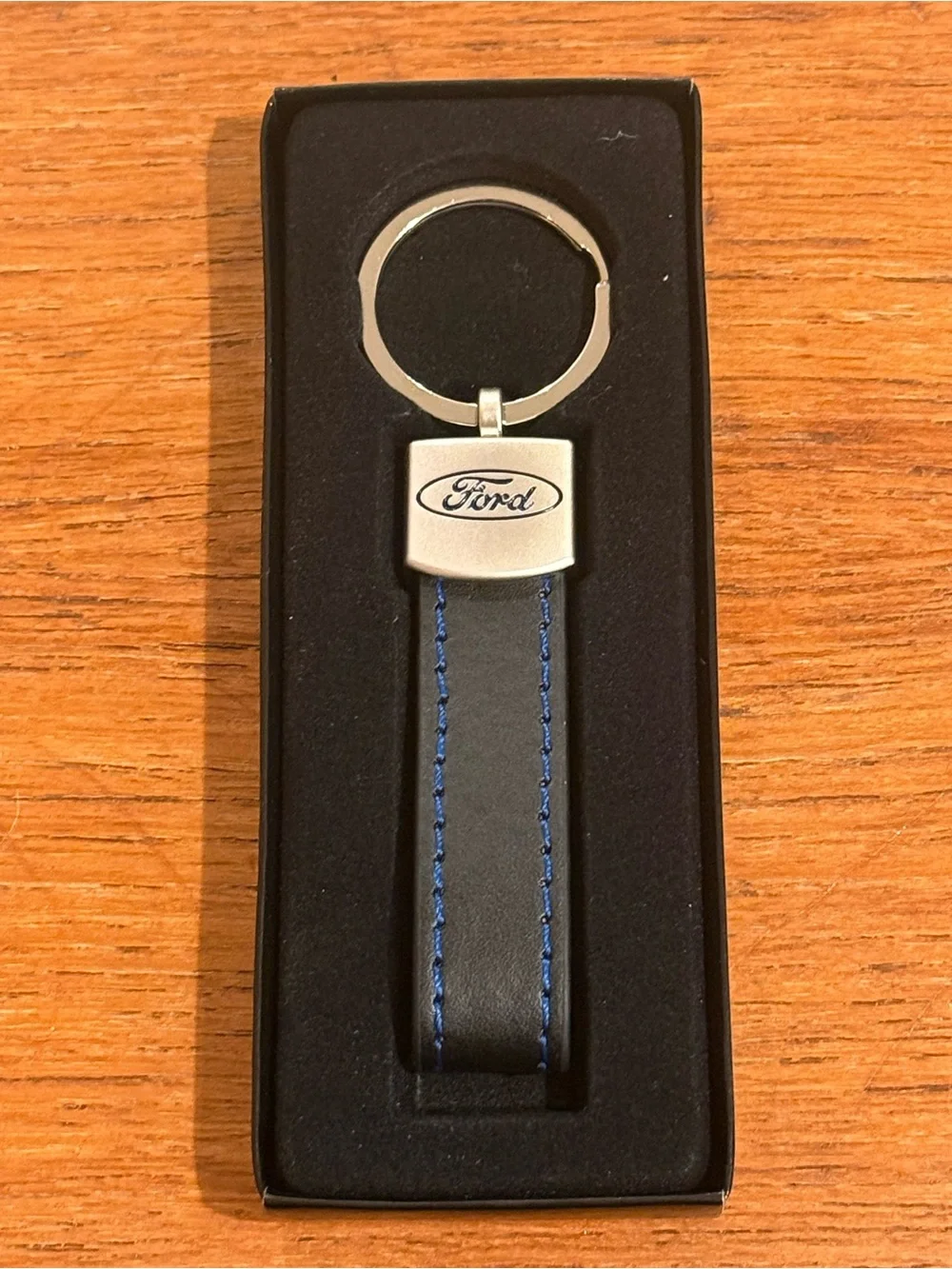 Ford Black Leather Key Holder with Blue Stitching and Silver Logo Keychain